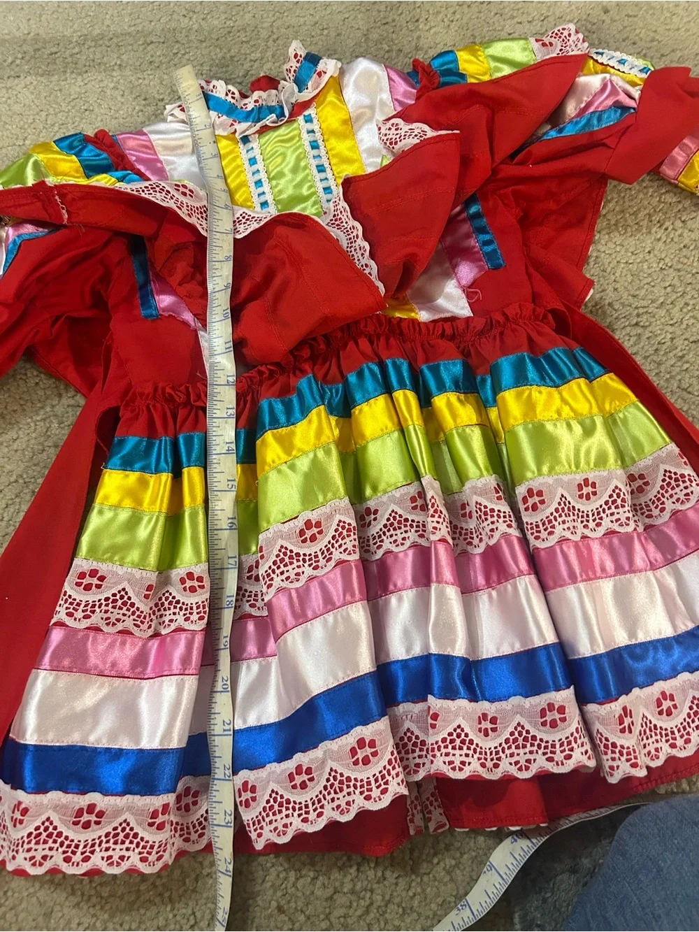 Girls' Red Traditional Jalisco Dress with Multicolor Trim